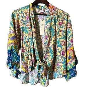 Paparazzi Yellow Blue Tapestry Floral Viscose Shoulder Shrug Sweater Sz S/M NWT